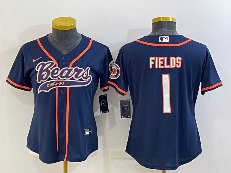 Womens Chicago Bears #1 Justin Fields Navy With Patch Cool Base Stitched Baseball Jersey->women nfl jersey->Women Jersey